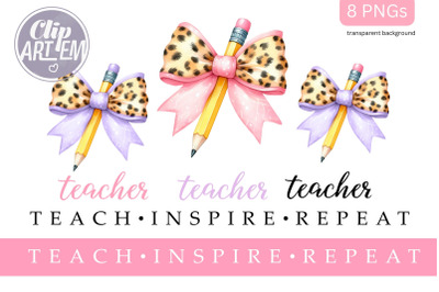 Coquette Teacher Pencil with Bow Pink Leopard Pattern 8 PNGs Bundle