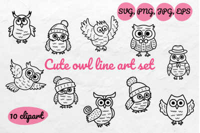 Cute owl line art set