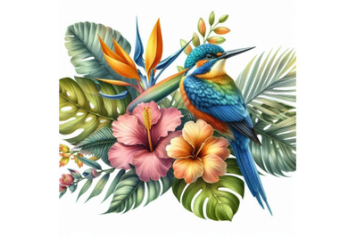 Tropical flowers, leaves and bird