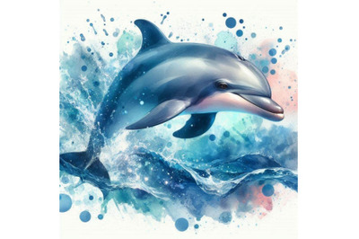 Dolphin illustration with splash watercolor textured backgro