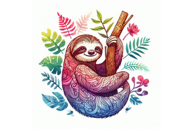 Sloth. tropical animal watercolor illu