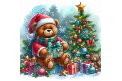 New Year toy bear.Christmas background. watercolor illustra