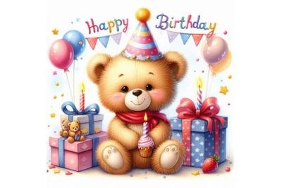 Cute Teddy bear. birthday greeting card watercolor illustrati