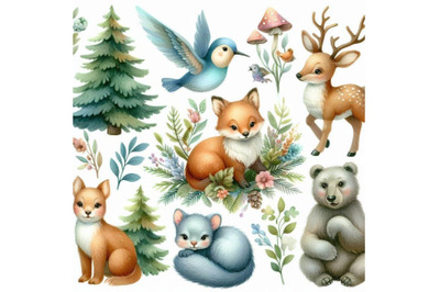 Watercolor Forest animals set