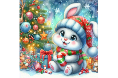 Funny bunny and Christmas watercolor background New ye