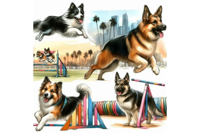 Dog graphic sketch set at agility sports competitions. Dogs