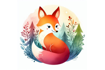 Cute watercolor cartoon fox. forest