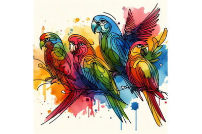 Funny colorful parrots with watercol