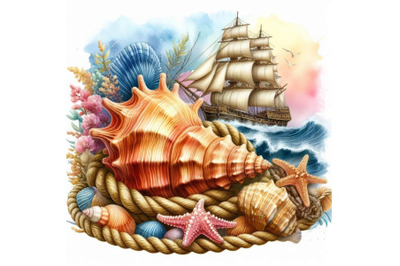 Seashell and sea ship rope