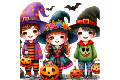 Watercolor cute kids in colorful halloween costumes. Happy