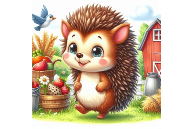 Cartoon farm animal illustration. cute watercolor hedgehog