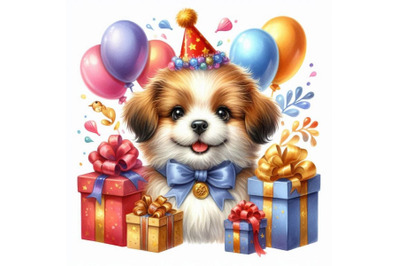 Dog year greeting card. cute puppy watercolor illustration