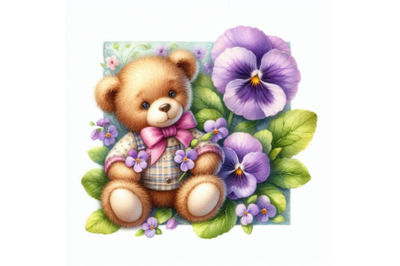 Toy Teddy bear and flower violet. watercolor illustration