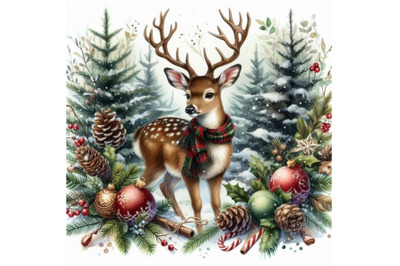 Forest deer watercolor illustration. Christmas reindeer. Wint