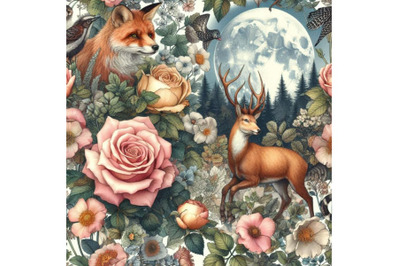 Vintage seamless design with floral and wild animal. Fairytal