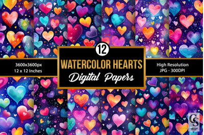 Watercolor Rainbow Hearts Seamless Patterns