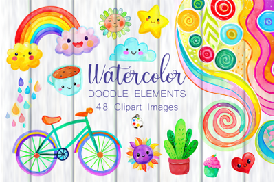 Cute Watercolor Doodle Clipart Elements