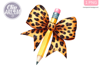 Pencil with Leopard Bow Teacher PNG Coquette Back to School Image File