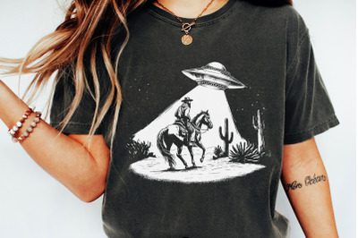 Cowboy and UFO PNG, Vintage Western Digital Download, Sci-Fi Western Design, Alien Encounter, Unique Gift, Black and White Art, Desert Scene