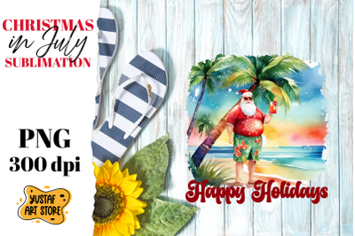 Christmas in July sublimation. Santa Claus on the beach