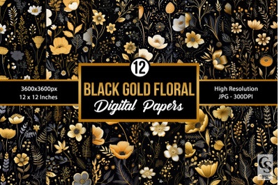 Black and Gold Wildflowers Digital Papers