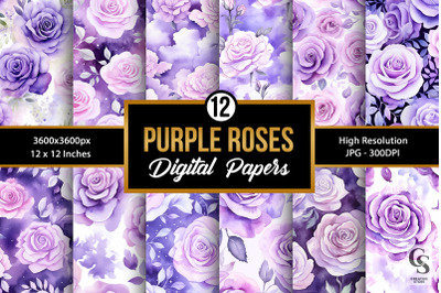 Purple Watercolor Roses Digital Papers