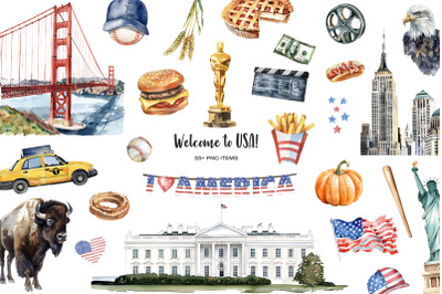 Watercolor USA clipart. US symbols, flag and landmarks.