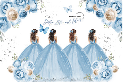 Dusty Blue Silver Princess Dress Butterfly Clipart&2C; Quinceaera Floral