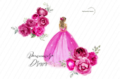 Fuchsia Pink Princess Dress Butterfly Clipart&2C; Sweet 16th