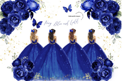 Navy Gold Princess Butterfly Clipart, Navy Blue Floral