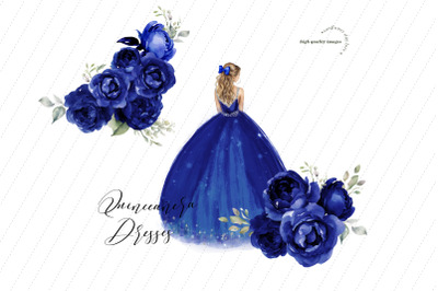 Navy Silver Princess Dress Butterfly Clipart