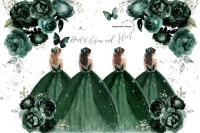 Hunter Green and Silver Princess Dress Butterfly Clipart