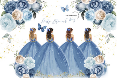 Dusty Blue &amp;amp; Gold Princess Dresses Butterfly Clipart