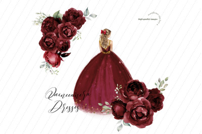 Burgundy Red Princess Dresses Butterfly Clipart