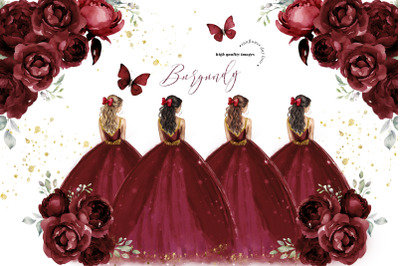 Burgundy Red Princess Dresses Butterfly Clipart