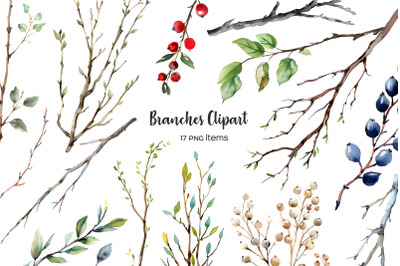 Watercolor branches clipart. Dried &amp; fresh twigs. Tree branch clip art