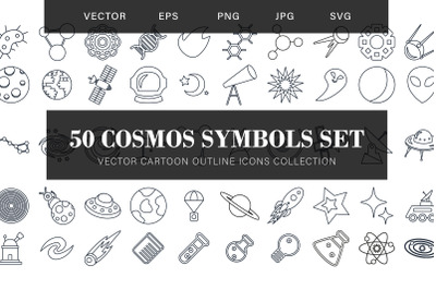 Cartoon Outline Cosmos Symbols Set