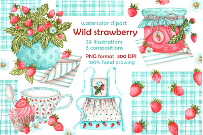 Wild strawberries watercolor clipart. Country style. Bakery.