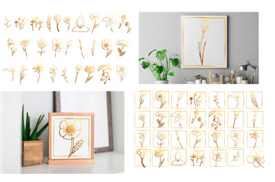 Golden flowers, frame, clipart, twig, flower. SVG,PNG,JPEG