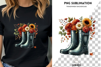 Rain Boots with Flowers &amp; Floral Bouquet PNG, Cozy Autumn Digital Prin