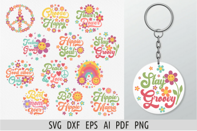 Hippie keychain svg Retro hippie svg bundle Groovy svg Peace