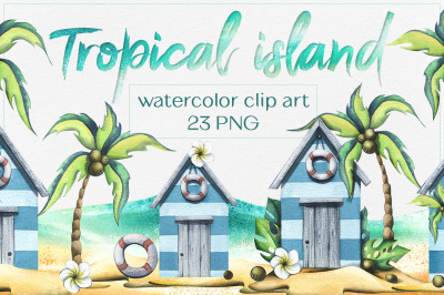Tropical island beach watercolor clip art