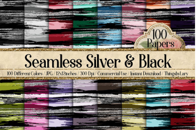 100 Seamless Black and Silver Glitter Brush Stroke Papers