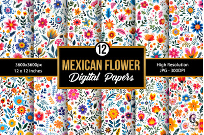 Mexican Watercolor Flowers Seamless Patterns