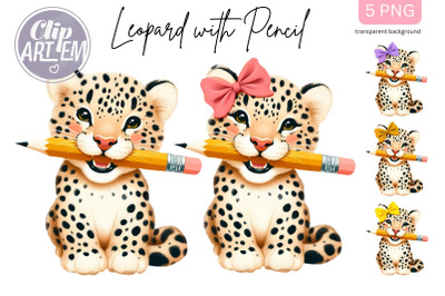 Baby Leopards Pencil &amp; Bows Back to School PNG Clip Art Images Set