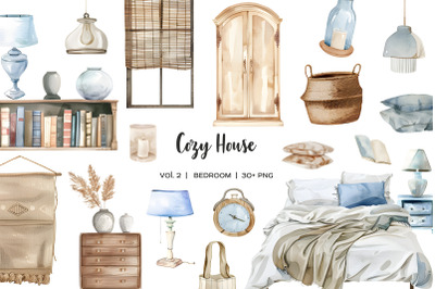 Watercolor bedroom clipart. Cozy home PNG. Living room furniture and decor elements. Blue and beige color room furnishings. Bedroom interior set 30 PNG.