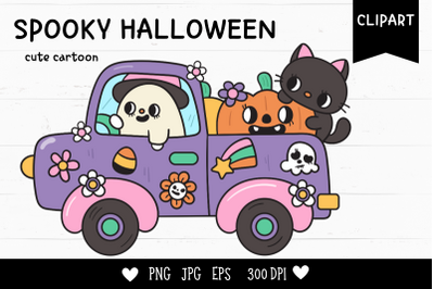 Cute car Halloween groovy kawaii cliparts pumpkin and cat