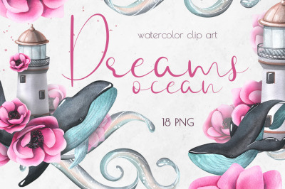 Whales &amp; flowers watercolor clip-art