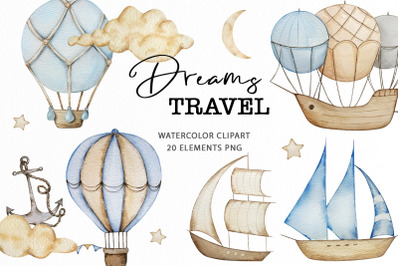 Hot Air Balloon and Boats Watercolor Clipart