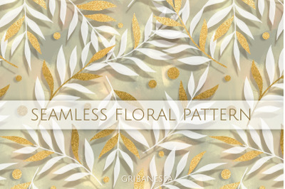 White and gold leaves | Seamless floral pattern